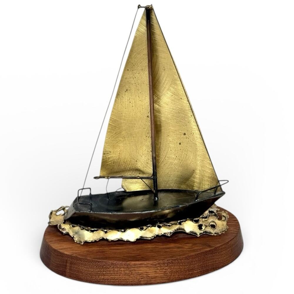 Vintage Brass Sailboat Sculpture Art Wood Base Nautical Coastal Maritime Decor